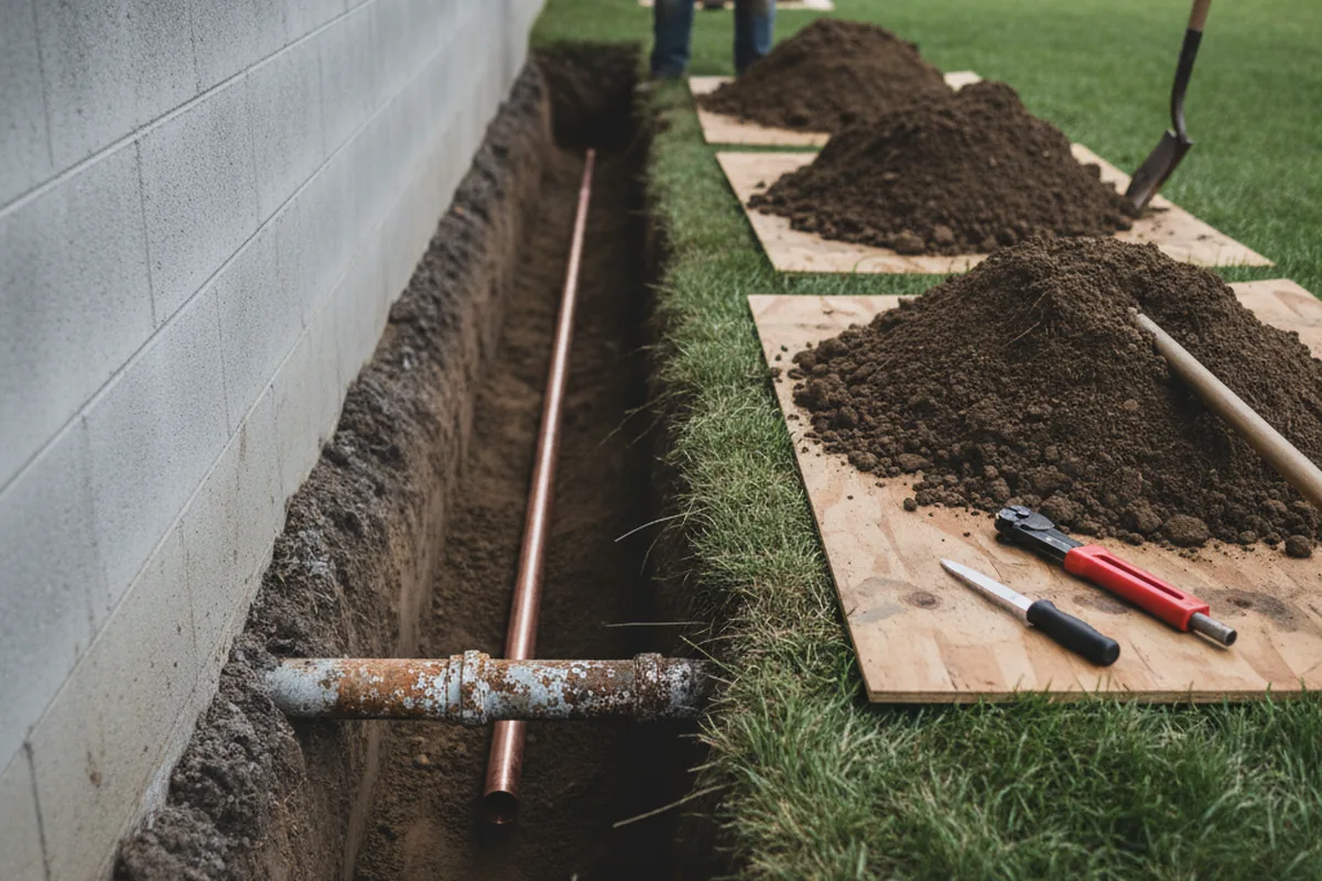 Excavated water line trench during Water Heater Repair in Peninsula